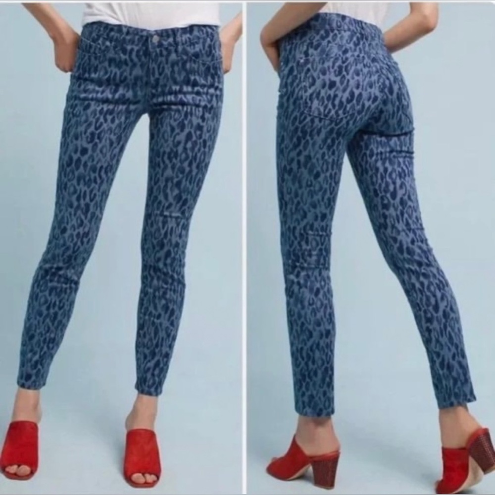 #472 Anthropologie Pilcro blue leopard pattern mid-rise skinny jeans